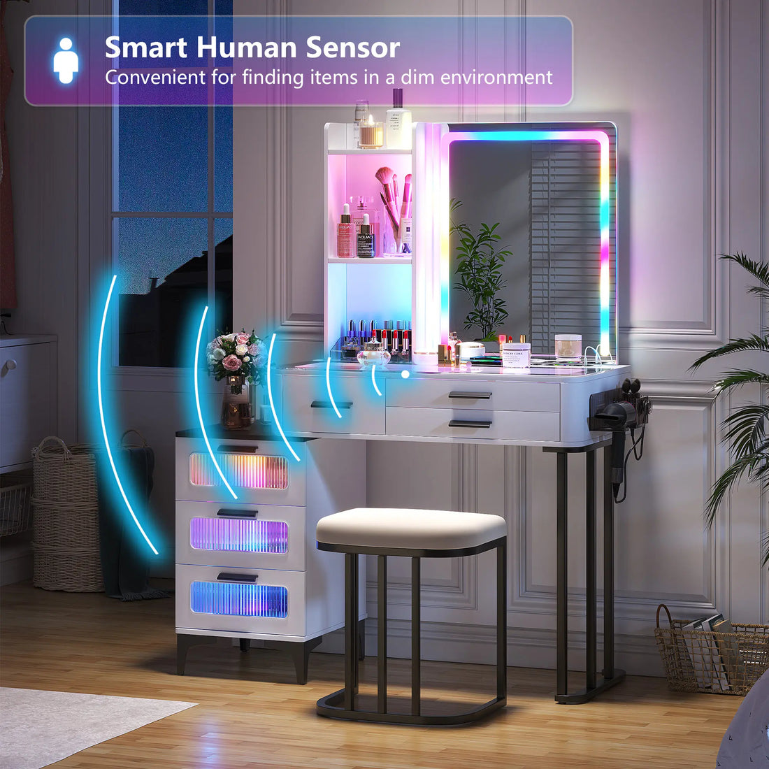 Vanity Desk with LED Mirror – RGB Lighting, Wireless Charging & 6 Drawers