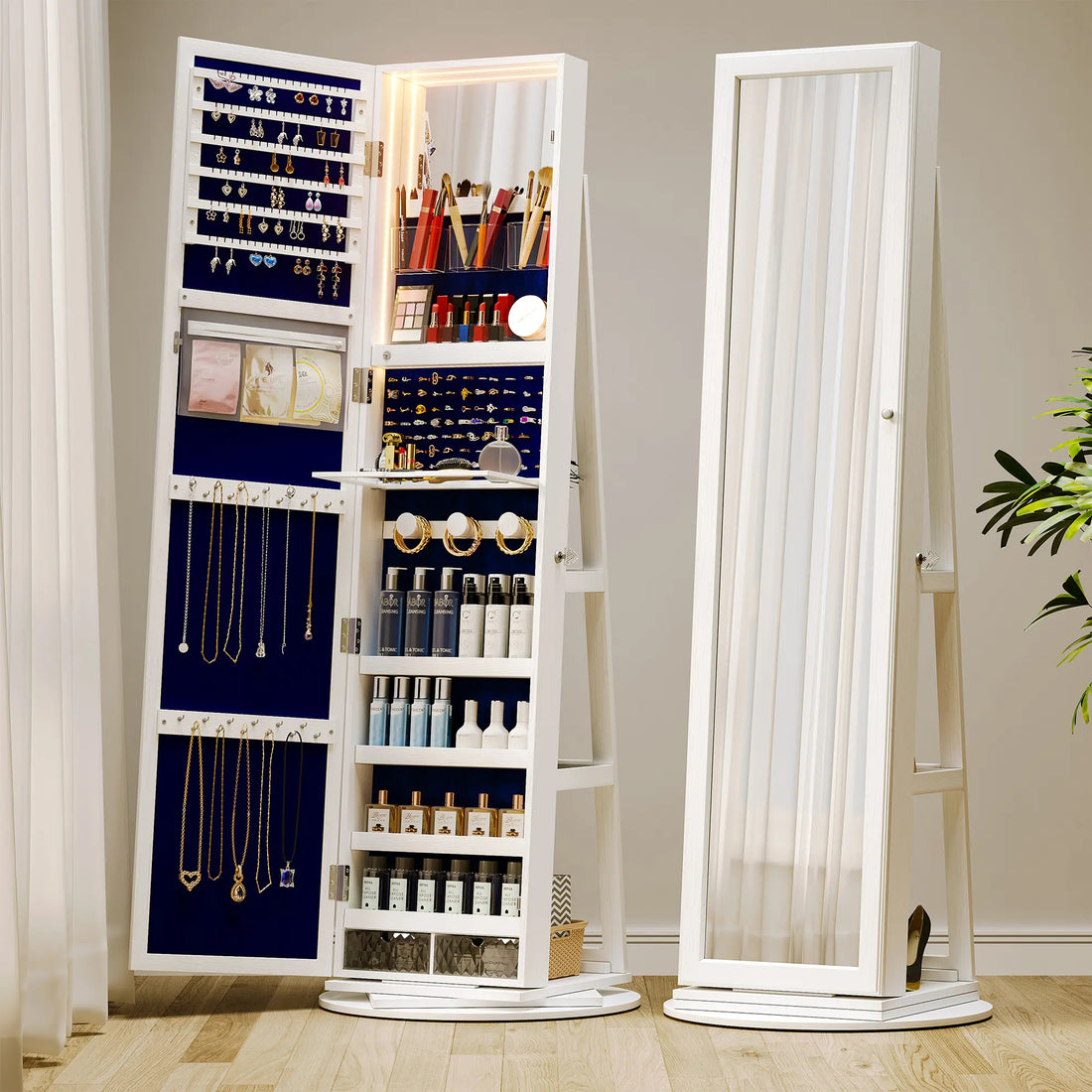 360° Rotating Jewelry Armoire – LED Full-Length Mirror with Lockable Storage