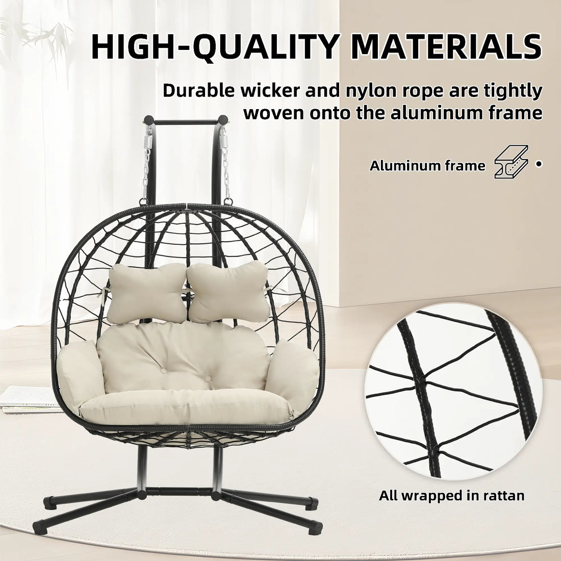 Double Hanging Egg Chair – 700lbs Capacity, Foldable Wicker Patio Swing with Cushion